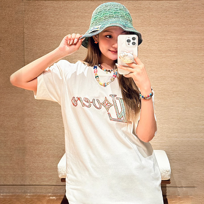 lv louis vuitton crystal logo embroidery t-shirt